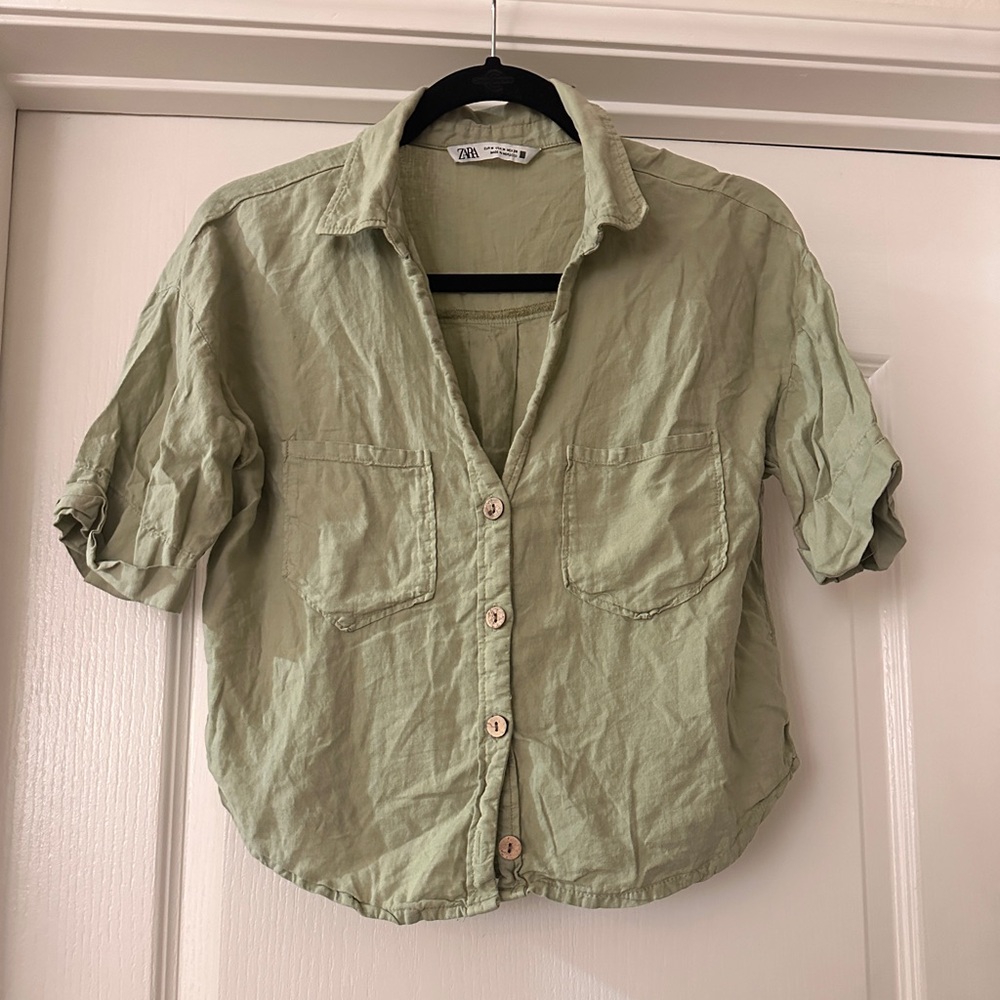 Zara linen blend green button up shirt size medium